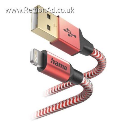 Hama Reflective Charging USB-A to Lightning Cable, 480Mbps, Nylon Sheath, Gold-Plated, 1.5 Metre, Red, MFI Certified